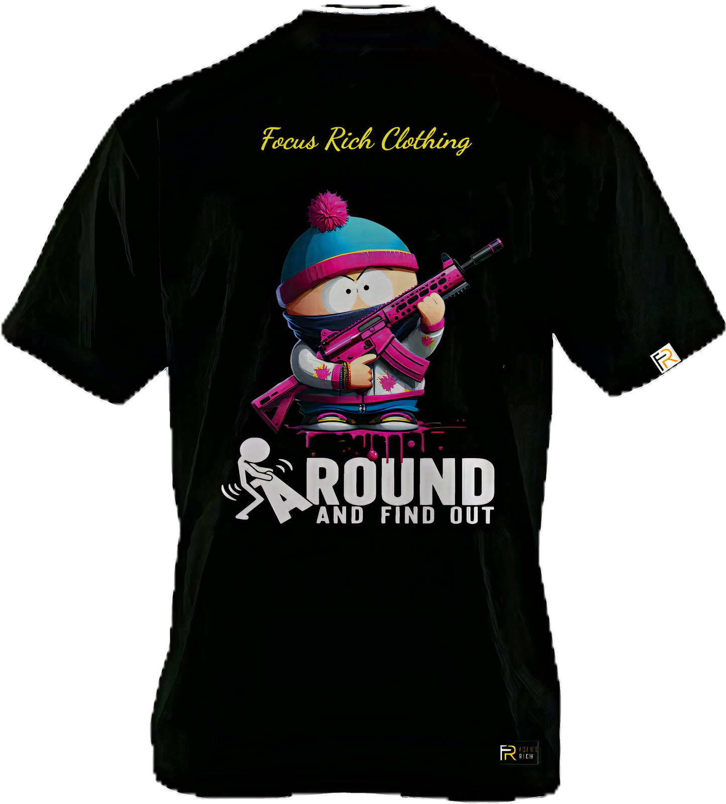Black South Park x Focus Rich FAFO Stan t-shirt featuring bold gun graphic and FAFO lettering in oversized streetwear fit