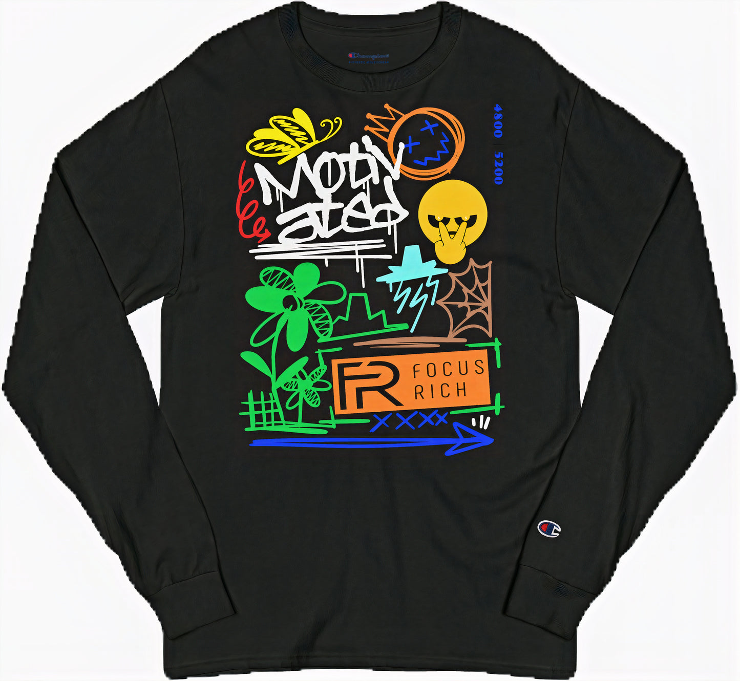 Black long sleeve tee from Champion x Focus Rich Clothing “Motivated” collection with symbols of focus, growth, and transformation