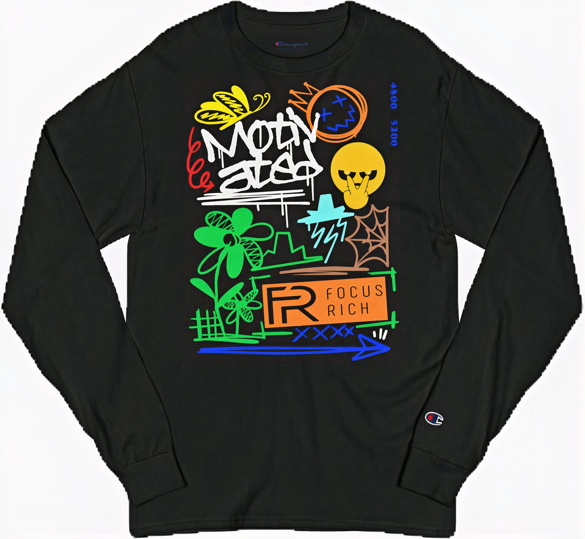 Black long sleeve tee from Champion x Focus Rich Clothing “Motivated” collection with symbols of focus, growth, and transformation