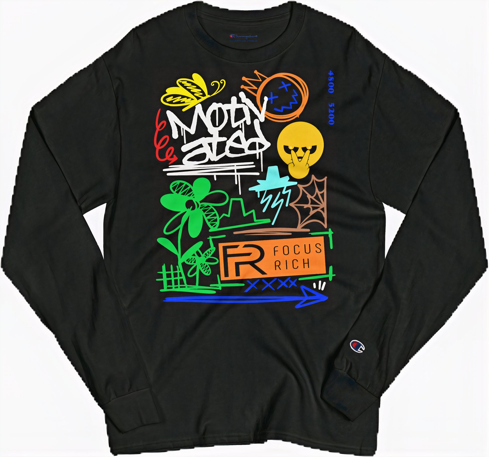 Black long sleeve tee from Champion x Focus Rich Clothing “Motivated” collection with symbols of focus, growth, and transformation