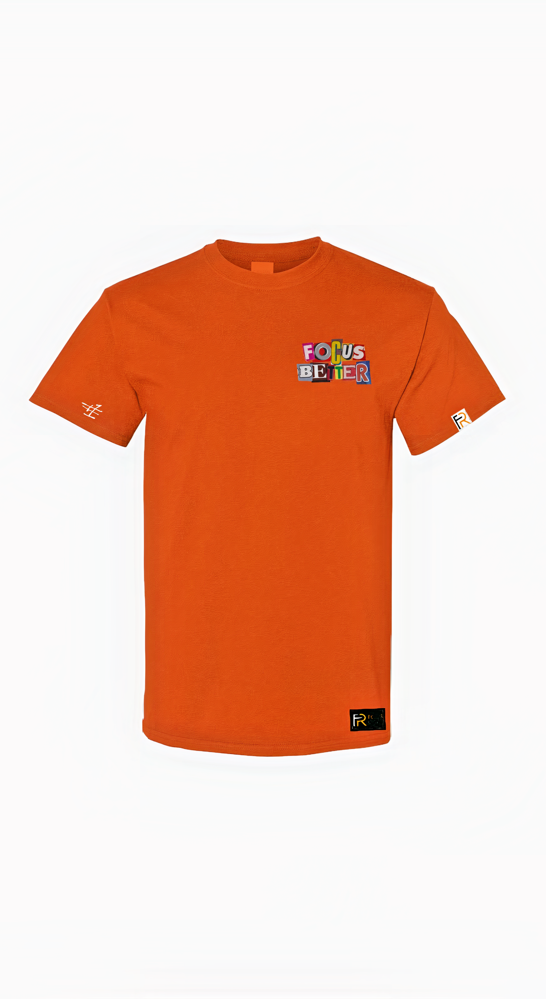 Orange Focus Better t-shirt from Focus Rich Clothing x Nun Better collab with bold prints and sleeve logos on 100% cotton shirt