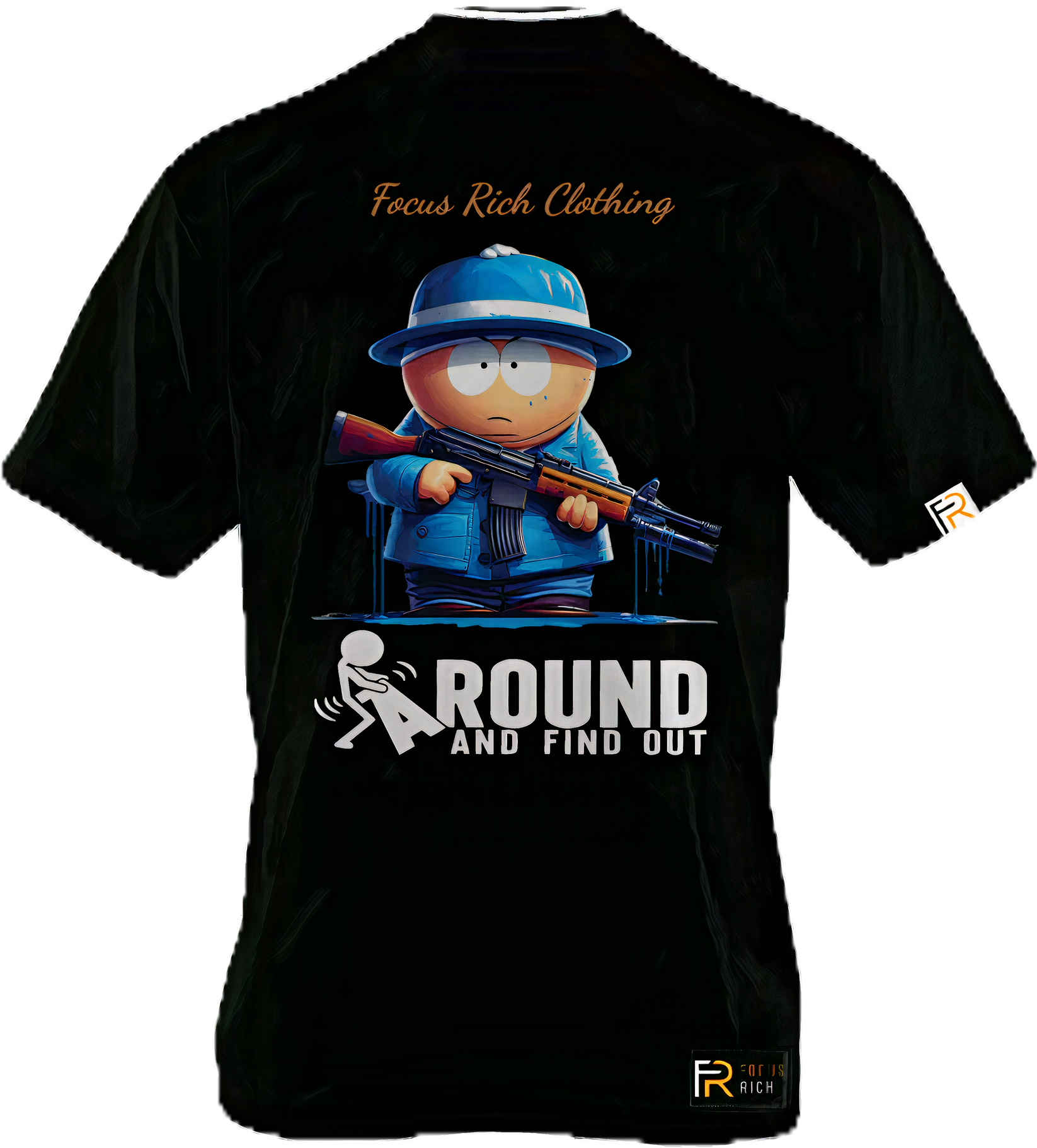 Black Cartman FAFO t-shirt from South Park x Focus Rich Clothing collab with gun graphic and oversized streetwear fit