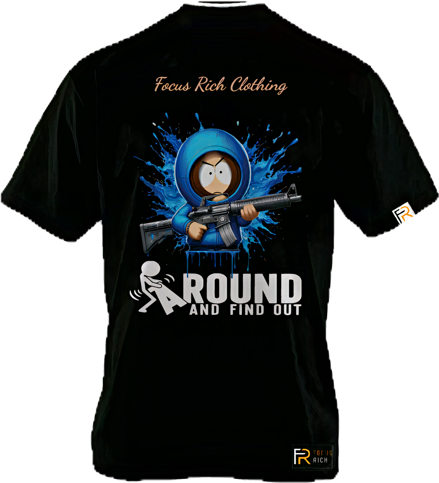 Focus Rich x South Park Kenny FAFO t-shirt in black with bold gun graphic and oversized streetwear fit