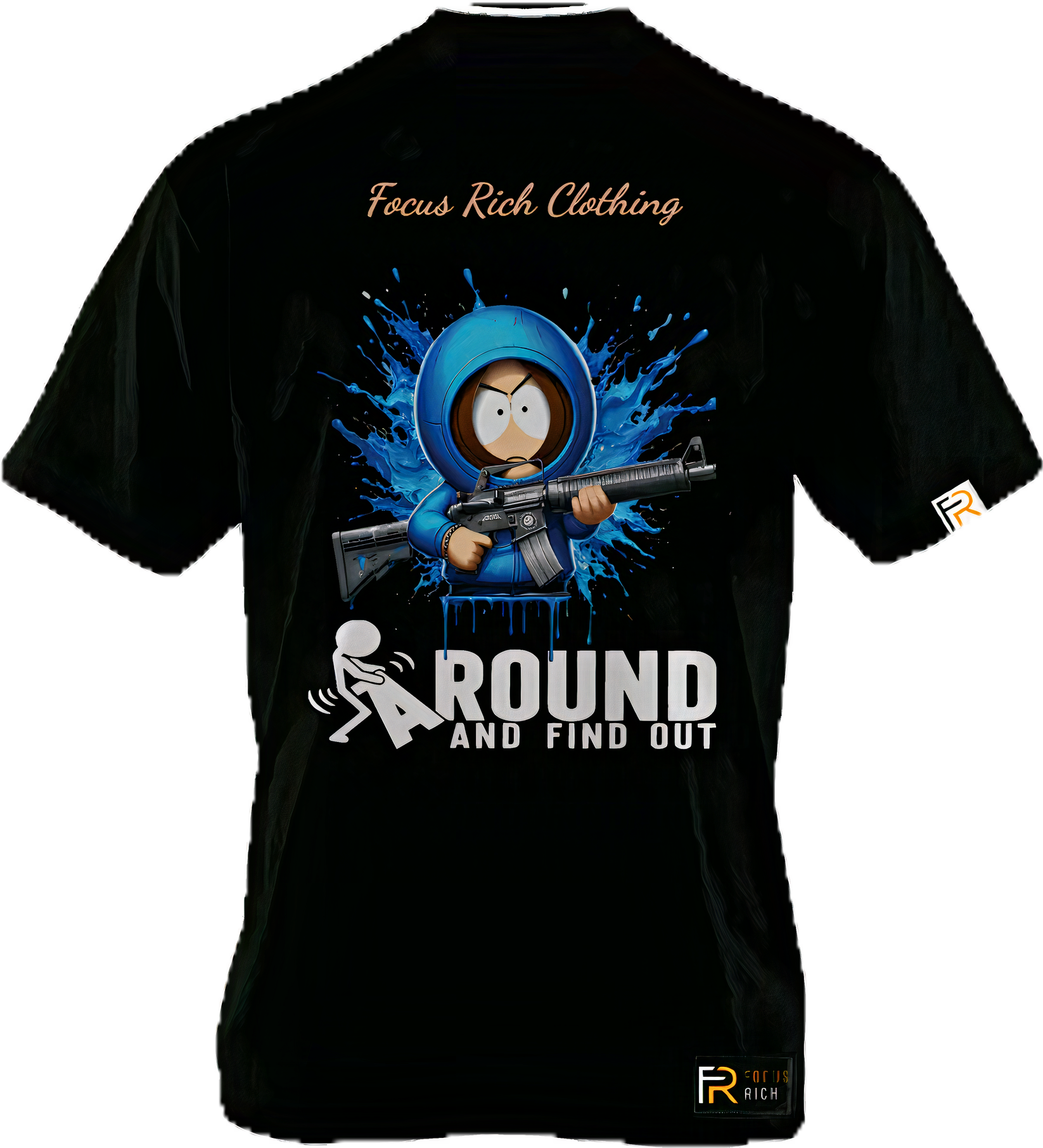 Focus Rich x South Park Kenny FAFO t-shirt in black with bold gun graphic and oversized streetwear fit
